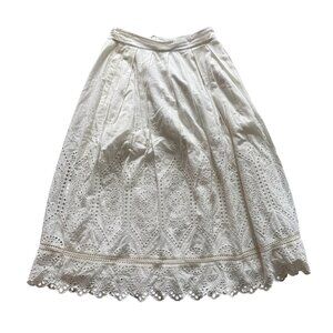 French Connection Cream Ivory White Lace Eyelet Midi Skirt Size 0 100% Cotton